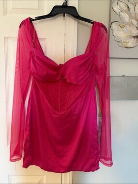 Oh Polly Fuchsia Mesh Long Sleeve Mini Dress